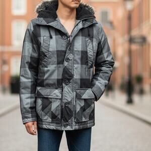 Legendary Goods Hooded Winter Coat Jacket Zip-up Button Men S/M Black Gray Check